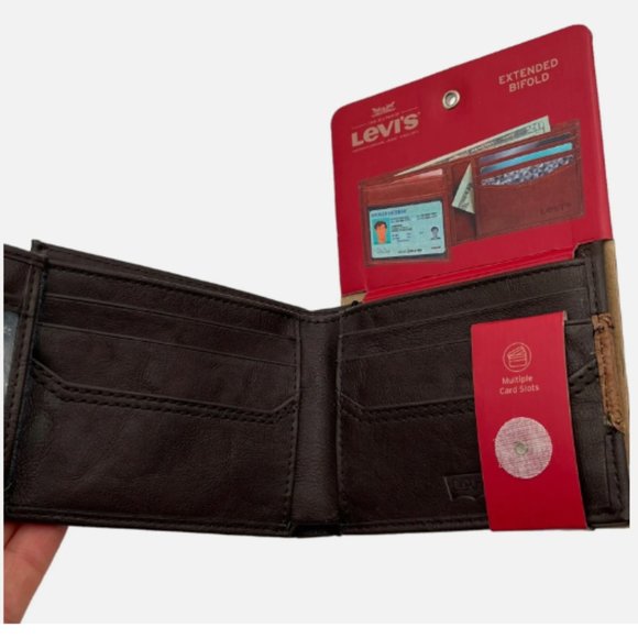 Levi's Men's RFID-Blocking Extended Bifold Wallet Brown/ Tan 2-ID Windows - Picture 5 of 13